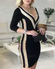 Basic Casual Dresses New Strap Metal Buckle Womens Midi Dress Knitted Ribbing Long Sleeve V-Neck Female Dresses Solid Slim Party Dress Ladies Clothe T240221