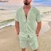 Nuovo 2024 Uomo Estate Cotone Lino Set Solido maniche corte Polo Collo Camicia e Pantaloncini Set Uomo Hawaiian Beach Holiday Abbigliamento Set 240221