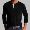 Printemps automne tendance t-shirt hommes élégant mode bouton demi-col ouvert couleur unie à manches longues poche t-shirts 240219