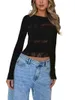 T-shirts Femmes Femmes Manches longues Dentelle Trim Top Patchwork Slim Fit Shirt Tee Voir à travers Y2K Sortir Crop