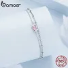 Bangles Bamoer 925 Sterling Silver Coração Dupla Camada Pulseira Rosa Zircão Corrente Ajustável para Mulheres Festa de Aniversário Jóias Finas