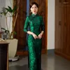 Roupas étnicas Yourqipao 2024 Outono Manga Longa Verde Cheongsam Chinês Estilo Tradicional Vestido de Noite Retro Slim Qipao Party para Mulheres