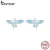 أقراط Bamoer 925 Sterling Silver Flying Fish Stud الرائعة الزجاج الزجاجي الزركون الحلق للنساء الذكرى السنوية حفل مجوهرات رائعة