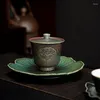 Set di articoli da tè Stile retrò cinese Portafortuna Pentola con zuppiera Set da tè in ceramica Tazza da tavolo Gaiwan Ciotola con coperchio al forno