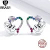 Ohrringe BISAER Echt 925 Sterling Silber Kleine Faultier Herz Ohrstecker Regenbogen Zirkon Tier Ohrring Für Frauen Party Edlen Schmuck