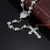 Necklaces 4/6/8/10MM Classic Womens Mens Necklace Stainless Steel Silver Color Bead Rosary Chain Jesus Christ Cross Pendant Free Shipping