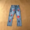 디자이너 Lady Jean Sanskrit Cross Long Style Hearts 크롬 소녀 스트레이트 바지 하트 문자 인쇄