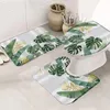 Tapetes de banho 3 pcs folhas de palmeira cortina de chuveiro conjunto aquarela flor folha verde planta árvore verão moderno tapete branco capa de banheiro