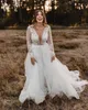 Vestido de noiva modesto com mangas compridas, decote em v, chiffon, renda, vestido de noiva para jardim, novia