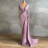 Elegant Satin Mermaid Evening Dresses with Long Sleeves Deep V Neck Lace Appliqued Prom Party Gowns Arabic Aso Ebi Ruched Sweep Train Women Robe de Soiree