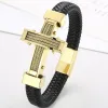 Strands Cross Bracelet Man Braided Leather & Gold Plated 316L Stainless Steel Men's Wrist Strap Bracelets Handles for Men Male Jewelry