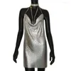 Robes décontractées Y2K métal pailleté dos nu argent femmes sexy coupe basse col en V robe courte discothèque fête évider jupe d'été