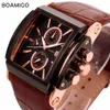 Boamigo Men Quartz Montres en quart de grande cadran Fashion Casual Sports Watchs Rose Gold Sub Dials Horloge Brown Le cuir masculin Malent Montres Y19307H