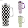 Water Bottles 40Oz Stainless Steel Mug 1200ml Coffee Cup Thermal Travel Car Auto Mugs Thermos Tumbler with Handle Chessboard Chequer Fashion YQ240221
