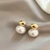 Earrings New French Elegant Gold Color Bean Spliced Flat Pearl Earrings for Korean Fashion Jewelry Party Women Sweet Accessories 230831