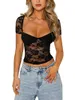 Women's T Shirts Women S Lace Crop Tops Short Sleeve Sweetheart Neck See-Through T-Shirts Fashion Summer