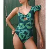 Kvinnors badkläder 2024 One Piece Swimsuit kjol axel randig ruffle tryck kvinnor bantning baddräkt strand slitage2422115