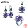 Uppsättningar Zdadan 925 Sterling Silver Purple Flower Crystal Ring Earring Halsband Set för kvinnor Fashion Glamour Present Wedding Jewelry