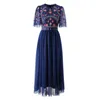 Summer Blue Floral Embroidery Tulle Dress Short Sleeve Round Neck Panelled Long Maxi Casual Dresses S4F210221