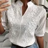 Élégant col en v lanterne à manches courtes chemise blanche Vintage hauts été Crochet chemisier creux mode coton femme vêtements 24350 240220