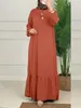 Etniska kläder Ramadan Muslim Islamiska kvinnors fasta färg Långärmad rufsad Vintage Robe Dubai Casual Löst passande kjol