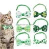 Dog Collars Leashes St Patricks Day Collar Bows 6PCS Green Irish Shamrock Puppy Neckties Pet Apparel Clover Pattern Basic Drop del dhfmy