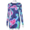 Casual Dresses Tie Dyed Long Sleeve Mini Dress Spicy Girl Women's O-Neck Slim Sexy Backless Bodycon Female Chic Hip Wrap Vestidos