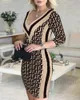 Basic Casual Dresses New Strap Metal Buckle Womens Midi Dress Knitted Ribbing Long Sleeve V-Neck Female Dresses Solid Slim Party Dress Ladies Clothe T240221