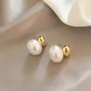 Earrings New French Elegant Gold Color Bean Spliced Flat Pearl Earrings for Korean Fashion Jewelry Party Women Sweet Accessories 230831