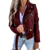 Jackets Women Jacket Zipper Faux Leather Lapel Autumn Jacket Solid Color Long Sleeves Moto Jacket Casual Individual Autumn Biker Coat