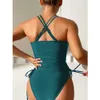 Damenbadebekleidung Einfarbiger Badeanzug Damen 2023 hoch taillierter Tankini V-Ausschnitt 2-teiliger hängender Bikini-Badeanzug Spitze rückenfreier Strand-Badeanzug J240221