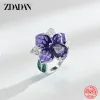 Sets ZDADAN 925 Sterling Silver Purple Flower Crystal Ring Earring Necklace Set For Women Fashion Glamour Gift Wedding Jewelry