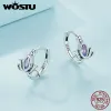 Oorbellen Wostu 925 Sterling Silver Lotus Hoop oorbellen Paarse kristalbloem drop oorr earring Pendiente Party sieraden Gift Hollowout Brincos