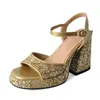 Sandals Microfiber Leather Panel Sequin Cloth Super High Thick Heel Cut-Out Peep Toe Shoes Platform Bling Sweet Women's