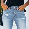 Jean femme 2023 tempérament éclaté bleu lavage chat bouton mince jambe droite jean femme T240221