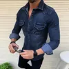 Vår- och hösten denimskjortor Mens Long Sleeved Jeans Mens Mens Single Breasted Casual Shirt Chemical Homme 240221