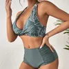 Damenbadebekleidung Hohe Taille Bikini 2023 Frauen Blattdruck Badeanzug Halter Deep-V Push Up Set Beachwear Brasilianischer BadeanzugH24221