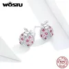 Earrings WOSTU 100% 925 Sterling Silver Ladybug Pink Zircon Stud Earrings Silver 925 Jewelry For Women Wedding Earrings Jewelry CQE715