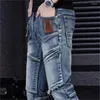 Mäns jeans 2024 Spring och Autumn High-End Small Straight Ben Patchwork Mid Rise Slim Fit Casual Pants