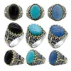 Bagues de cluster Real Agate / Onyx / Turquoise Hommes 925 Sterling Argent Big Ovale Pierre Naturelle Bijoux Pour Femmes Mâle Vintage Couronne D'or