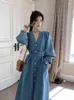 Casual Dresses for Women 2024 Autumn V-Neck Temperament Cowboy Loose Solid Robe Korean Fashion Mångstil A-line lång klänning