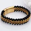 Armband charm svart kohud flätad enkel läder mäns armband guld färg rostfritt stål punk armband homme armband manliga smycken