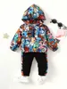 Kläderuppsättningar två uppsättningar av Baby Boys Casual Cute Monster Mönster Half Open Front Hoodie Pants Spring and Autumn