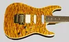 Pensa Mark Knopfler MK-I Amber Quilted Maple Top elektrische gitaar Witte pickups, Floyd Rose Tremolobrug borgmoer, Gouden hardware