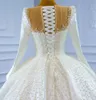 Abito da ballo principessa Abito da sposa 2024 Collo trasparente Manica lunga Perla Perline Cappella treno Raso Lacci Abiti da sposa gonfi Custom Made Vestido De Novia