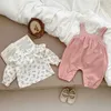 Clothing Sets 7399 Baby Clothing Set 2023 Autumn New Embroidered Bib Suit Long Sleeve Shirt +Strap Pant Sweet Girls Two-piece Suit.