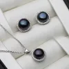 Sets echte zwarte natuurlijke zoetwaterparel ketting oorbel set, bruids 925 zilveren ketting sieraden verjaardag groothandel cadeau