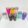 USA Warehouse Powder Coated 30oz Holographic Rainbow Plated rostfritt stål Bil Tumbler muggar resekoppar med färgat halm för lasergraverad