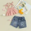 Conjuntos de roupas Criança Crianças Bebê Menina T-shirt Top Denim Jeans Shorts Set Tie-Up Plissado Camisole Rasgado Verão 2 Peças Outfit