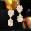 Dangle Earrings European Vintage Stylish Cluster CZ Pear And Pearl Drop Elegancy Jewelry